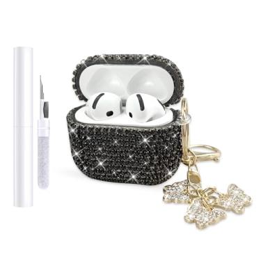 Imagem de AIIEKZ Capa compatível com AirPods 4 2024, capa rígida de TPU com glitter diamante para AirPods 4ª geração com chaveiro de borboleta brilhante e kit de limpeza para meninas e mulheres (preto)