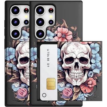 Imagem de MUQR Capa compatível com Samsung Galaxy S23 Ultra com porta-cartão fofo - Design Kawaii, proteção contra quedas de nível militar, capa carteira robusta para mulheres (caveira preta floral)