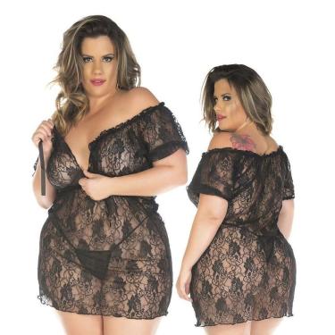 Imagem de Camisola Plus Size Ciganinha Renda Ombro a Ombro com Calcinha Lingerie Sexy e Sofisticada Para Momentos Especiais