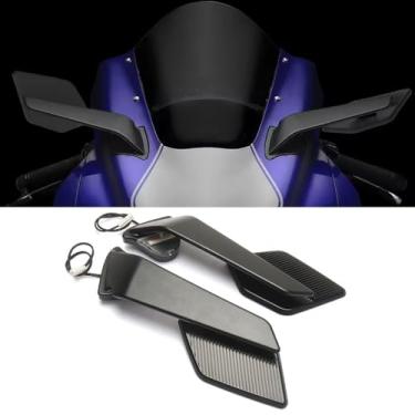 Imagem de Espelho retrovisor de motocicleta com luz de seta LED serve para YAMAHA YZF R1 R1M 2020-2025 Espelhos de asa rotativos ajustáveis espelhos de lentes azuis de alumínio espelho grande angular