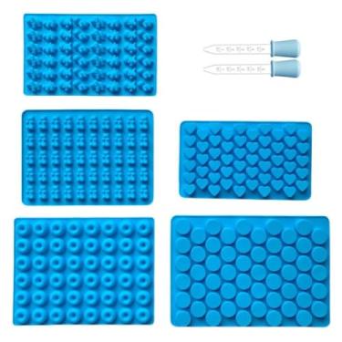Imagem de Molde de goma de silicone com 2 conta-gotas, 5 mini moldes de silicone, incluindo bebê dinossauro, urso, pequeno donut, coração, molde de chocolate infantil pequeno de calda cilíndrica (azul)