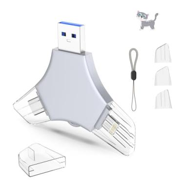 Imagem de Pen Drive USB 3.0 de 64 GB para iPhone, 3 em 1 com memória externa, suporte de fotos, vídeos, armazenamento de dados/backup, pen drives de alta velocidade V11.47 para iPhone/iPad/Android/PC - marrom