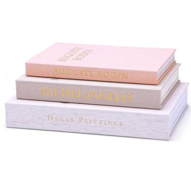 Imagem de XKDOUS Conjunto de 3 livros decorativos de linho com capa de folha dourada caixa de armazenamento de livros falsos para mesa de café, prateleira de banheiro e decoração de casa