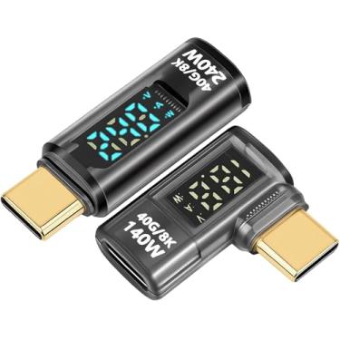Imagem de Adaptador USB C 90 graus/reto com tela digital, conector USB-C macho para fêmea PD 240/140W para iPhone série 15/16, iPad, MacBook, suporta tensão, corrente e tela LED inteligente de energia