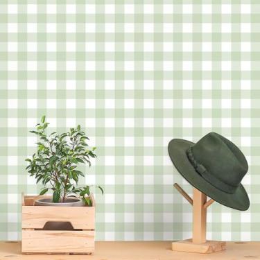 Imagem de Cohoo Home Papel de parede xadrez xadrez boho papel de contato xadrez para armários quadriculado neutro papel de parede autoadesivo removível para banheiro berçário verde 5 m
