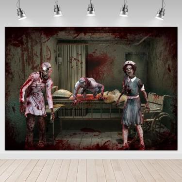 Imagem de Mocsicka 2,1 x 1,5 m cenário temático hospital Halloween hospital insano asilo assustador hospital infectado médicos e enfermeiras zumbi decoração de fundo festa de Halloween