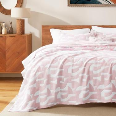Imagem de SLEEP ZONE Conjunto de colcha de algodão jacquard tamanho king macio e leve, conjunto de 3 colchas geométricas para todas as estações, 269 x 244 cm, rosa