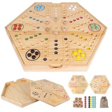 Imagem de 20 inch Wahoo Board Game,2 in 1 Marble Board Game with Storage Function,Wooden Fast Track Game Suitable for 4 or 6 Players,with 36 Glass Marbles,8 Dice,Storage Bag and Instruction Manual
