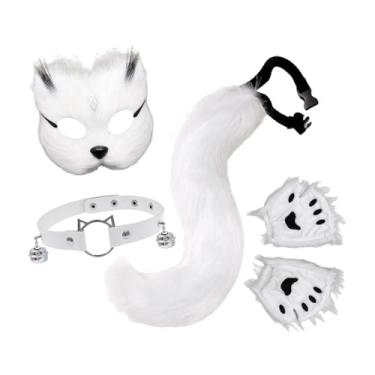 Imagem de IEUDNS Conjunto de máscara e cauda de gato e, gargantilha fofa para brincadeira de Natal, fantasia de carnaval, Branco Preto
