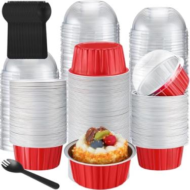 Imagem de Gandeer 200 peças de forros de cupcake de 142 g com tampas e colheres de cúpula, copos redondos de alumínio para assar, latas de muffin descartáveis, ramequins de sobremesa para casamento, aniversário