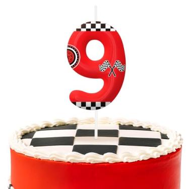 Imagem de Velas vermelhas de aniversário número 9, topo de bolo temático de carros de corrida para decoração de bolo para meninos e meninas, decorações de aniversário, suprimentos de festa, velas com números