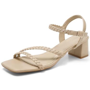 Imagem de Greatonu Sandálias femininas trançadas de salto com tiras 5 cm salto baixo grosso bloco quadrado bico aberto tira no tornozelo sandálias elegantes 2025 festa casamento formatura sapatos, Bege, 40