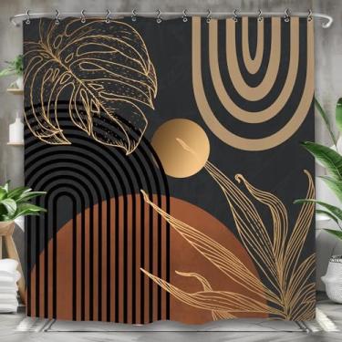 Imagem de Yookeb Cortina de chuveiro abstrata escura de meados do século 180 cm L por 188 cm de altura, minimalista, estética, moderna, contemporânea, folhas, tecido de poliéster, 12 ganchos de plástico