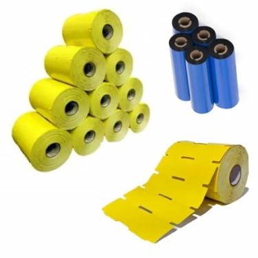 Imagem de Kit com 10 Rolos de Etiqueta Adesiva Gôndola Papel Couchê Amarelo 105x30 + 5 Ribbons Cera