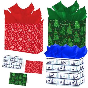 Imagem de jabberwpacking Pacote com 6 sacos grandes de presente de Natal com papel de seda e cartão de 32 cm para embrulhar presentes de Natal