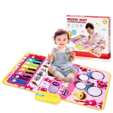 Imagem de Tapete Musical Com Piano Teclado Bateria, 50*80CM Rosa 2 em 1 Jazz Drum Music Pad, Tapete Ginásio Musical Interativo, Tapete Musical, Tapete Atividades, Pads Carregados com 7 Tons de Instrumentos