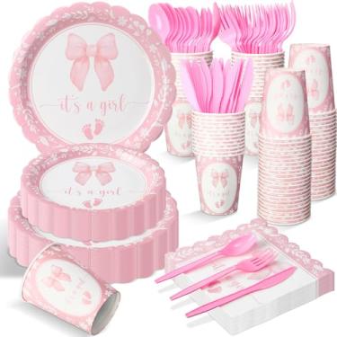 Imagem de Honeydak 175 Pcs Baby Shower Decoration for Girl Pink Bow Baby Shower Paper Plate Cup Napkin Plastic Fork Knives Spoon Set Serve 25 It's a Girl Tableware Set for Gender Reveal Birthday Party Supply