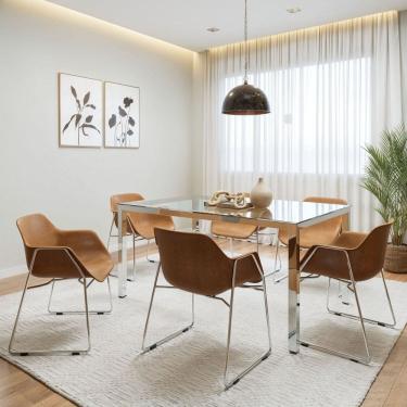 Imagem de Conjunto Mesa de Jantar Retangular Tampo de Vidro 160x75cm Smart com 6 Cadeiras Lodelô Cromado /Branco/Serragem
