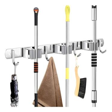 Imagem de Suporte Organizador Porta Vassoura e Rodo Inox 7 Ganchos - Organização Prática 7 em 1, Durável e Fácil Instalar Com ou Sem Furos - Ideal para Lavanderia e Armários