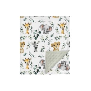 Imagem de HawSkgFub Cobertor de bebê de vison com animais da selva safári pontilhado, presente de chá de menino, menina, girafa, elefante, zebra, leão, camada dupla, para berçário, cama macia para recém-nascido