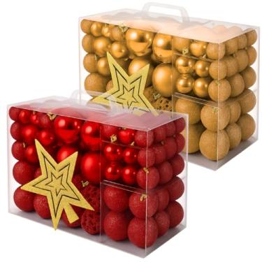 Imagem de Kit 100 Bolas De Natal Grande Lisas Foscas Glitter Enfeite Para Árvore Decoração Com Estrela (Vermelho)