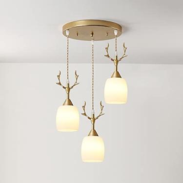 Imagem de YQSLQZZ Lustre de vidro americano com decoração de chifre luminária vintage com pingente de casa de fazenda, sala de jantar, cozinha, ilha, luzes de teto suspensas, altura ajustável