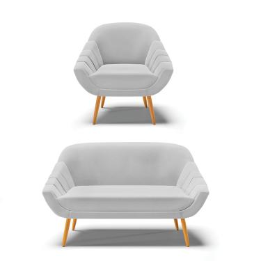 Imagem de Kit 01 Namoradeira 02 Lugares e 01 Poltrona Giovana Linho Cinza A05 Pés Palito Castanho - D'Rossi