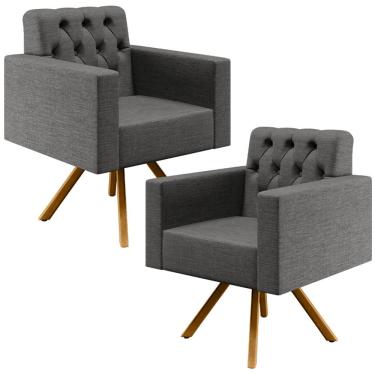 Imagem de Kit 02 Poltronas Giratórias Base de Madeira Manu L02 Capitonê Linho Cinza Escuro - Lyam Decor