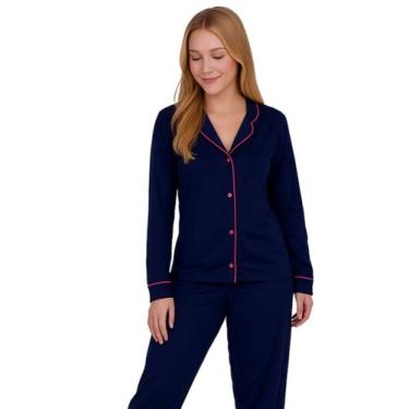 Imagem de Pijama de Inverno com Gola Americano com Botões para Amamentação Manga