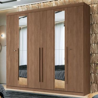 Imagem de Guarda-Roupa Casal Loanda 6 Portas 4 Gavetas Ripado Jatoba com Espelho - Pnr Móveis