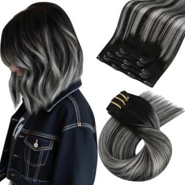 Imagem de Moresoo Extensões de cabelo de verdade com clipe de cabelo humano Remy Extensões de cabelo grosso 35,5 cm #1B/Prata Off Black Ombre Silver Hair Extensões de cabelo em trama dupla Sedoso 70 G/5 peças