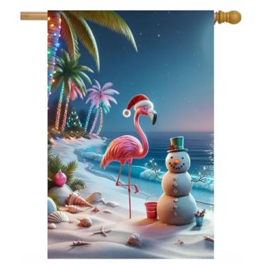 Imagem de ShineSnow Flamingo de Natal tropical com chapéu de Papai Noel, boneco de neve, praia, palmeira, casa, bandeira, 71 cm x 101,6 cm, dupla face, poliéster, bem-vindo, grande, jardim, bandeiras, para