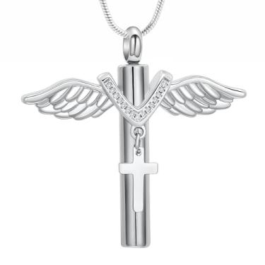 Imagem de zeqingjw Colar de urna com cruz de asas de anjo para cinzas, cruz de cristal, joias de cremação, lembrança, suporte de cinzas, presente memorial para mulheres e homens, Aço inoxidável, Sem Pedra
