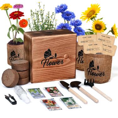 Imagem de Meekear Kit de 4 iniciantes internos com kit completo de jardinagem e caixa de madeira, crescendo em margarida Shasta, centáurea, girassol, Zinnia