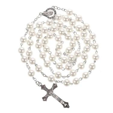 Imagem de Rosário de pérola para mulheres, cordão de contas elegante com cruz para oração, uso diário, acessório elegante para roupas formais casuais, design durável e confortável