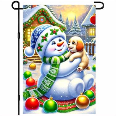 Imagem de BlissYard Bandeira de jardim de Natal, boneco de neve, enfeites de cachorro, cena de casa de neve, bolas coloridas, festivo ao ar livre, interior pendurado, 30,5 x 45,7 cm, bandeira decorativa de