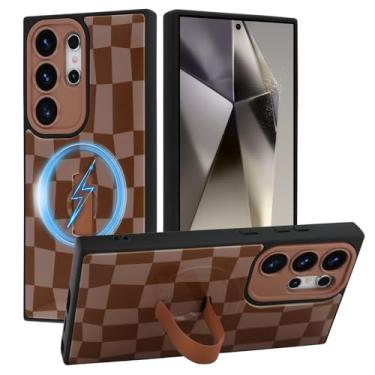 Imagem de SOKAD Capa quadriculada magnética para Samsung Galaxy S24 Ultra com suporte de alça de dedo, compatível com Magsafe, lindo tabuleiro de xadrez projetado para mulheres e homens, capa de proteção