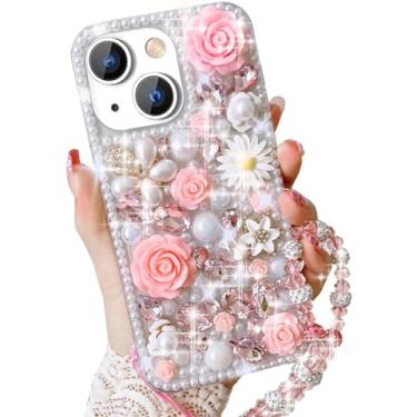 Imagem de Szakdws Capa de diamante brilhante para Google Pixel 9 Pro com pulseira de pérola, rosa 3D brilhante cristal strass flor feminina à prova de choque capa de telefone com cordão