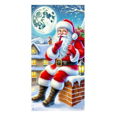 Imagem de BlissYard Capa de porta de Natal 89,5 x 188 cm placa de Papai Noel na chaminé sinal de alpendre Feliz Natal faixa de boas-vindas pano de fundo de parede suprimentos de festa de Natal decoração de