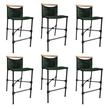 Imagem de Kit 6 Banquetas Em Corda Náutica Base Em Alumínio Preta Com Detalhe Em Madeira Verde Musgo Verde