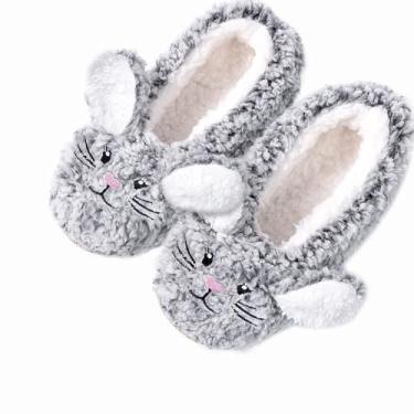 Imagem de HUGSWEET Pantufa para mulheres e homens, grossas, quentes, felpudas, com aderência, para uso interno, com forro de ovelha, sola macia antiderrapante com caixa de presente, Coelho cinza, 7-8