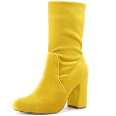 Imagem de Allegra K Botas femininas de veludo bico redondo salto bloco dobrável cano médio, Amarelo, 37