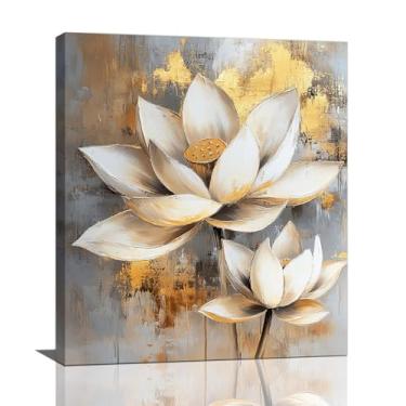 Imagem de Olivine Arte de parede Zen, decoração de parede de imagens de lótus, pintura de flor de lótus branca e dourada impressões em tela, arte emoldurada para quarto, banheiro, sala de estar, escritório, spa