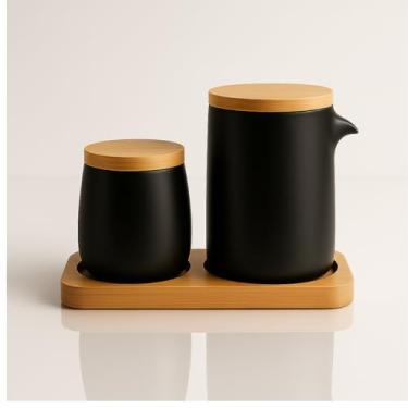 Imagem de Conjunto de Porta-Condimentos em Cerâmica com Base de Bambu, 2 Peças, Potes Creme 16,5cm e 11,5cm, Bandeja 20,5x9,3cm, Design Minimalista para Cozinha (PRETO)