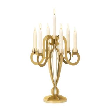 Imagem de AIM & GGKK Castiçais de metal dourado de 7 braços – Castiçais cônicos elegantes, suporte de castiçal clássico, peça central de candelabro decorativo para decoração de mesa e casa