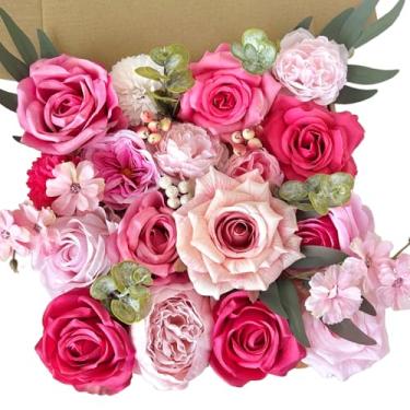 Imagem de Conjunto de caixa de flores artificiais de seda Fuschia rosa choque, rosas e flores, dália, faça você mesmo, buquês de casamento, bolo floral falso com arranjos de hastes, chá de bebê, mesa de festa