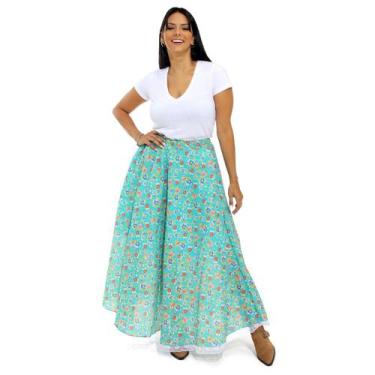 Imagem de Saia Junina Carimbó Adulto Longa Azul Floral com Renda - Sulamericana,