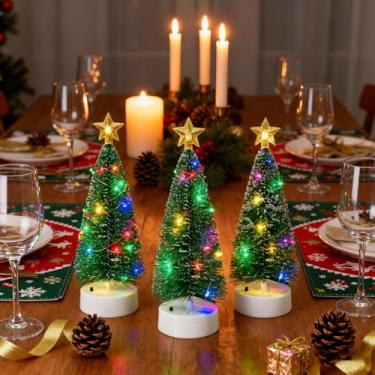 Imagem de Árvore de Natal de mesa de LED com luzes multicoloridas e topo de estrela - Mini decoração de férias de neve flocada para mesa, janela, cornija
