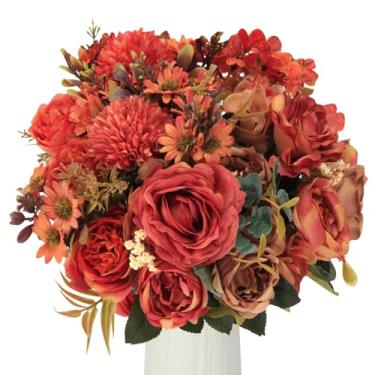 Imagem de PapakeNook 5 ramos de flores artificiais, rosa artificial de seda laranja queimada, pompom e pequenas margaridas, decorações de outono para casa, casamento, jardim, festa, buquê de mesa