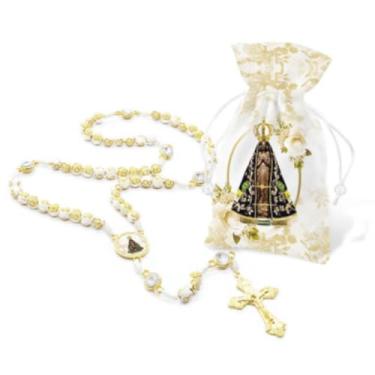 Imagem de Terço Nossa Senhora Aparecida em Contas ABS, 42cm, Dourado com Strass, Entremeio em Resina 2cm, com Saquinho de Tecido 9x15cm